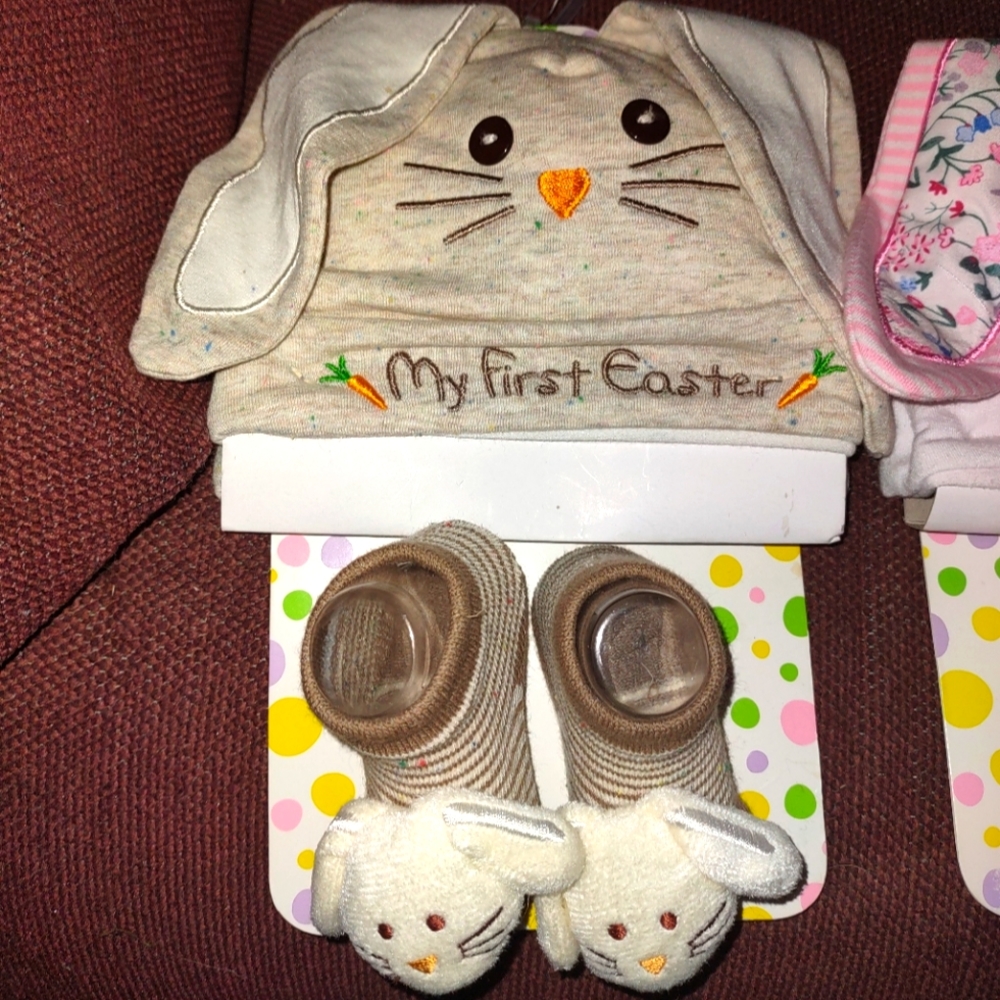 Baby's First Easter hats and rattle booties 0-6 mths
